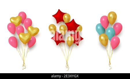 Realistic group of balloons in shape heart and star on white background. Vector Stock Vector