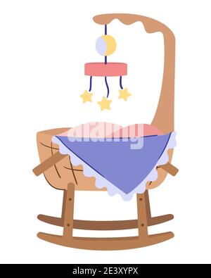 Baby cradle on runners, rocking bassinet with mobile toy and blanket corner stick up from newborn bed. Isolated vector illustration Stock Vector