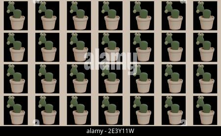 Seamless 3D cactus pot pattern at beige pastel background. Vector, illustration pattern. Stock Vector