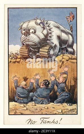 Original WW1 era patriotic postcard of bulldog-shaped armoured tank over surrendering Germans in trench, 'No Tanks', by G.E. Shepheard, circa 1917 Stock Photo