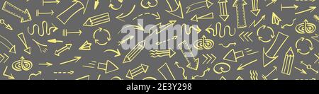 Seamless horizontal border with yellow hand drawn arrows on gray background. Vector illustration. Stock Vector