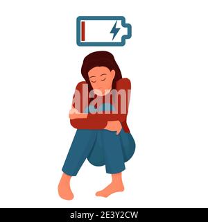 Exhausted, tired woman sitting with low battery symbol isolated on white background. Mental health concept, depressed character. Flat style, emotional female. Vector illustration Stock Vector