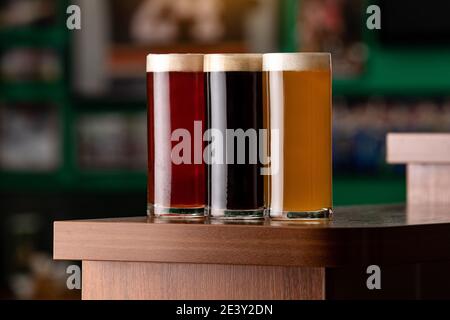 Different types of beer at the bar. Stock Photo