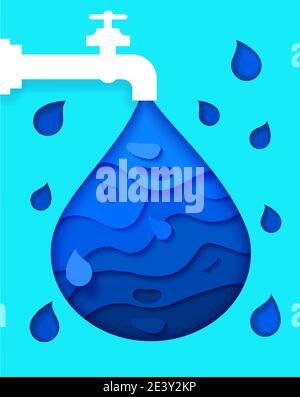 Illustration for the poster, do not waste water. Paper style, a faucet from which water flows. Stock Vector