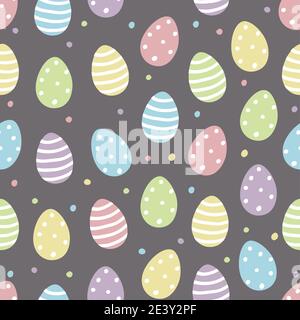 Easter egg seamless pattern vector background with cute colourful painted easter eggs in pastel colors with dots and stripes on chocolate brown Stock Vector