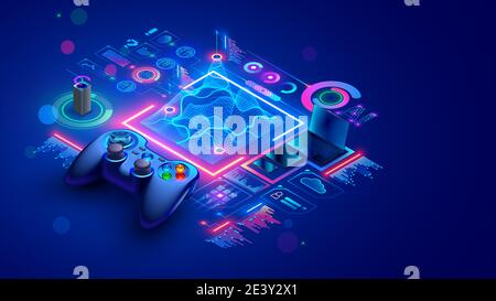 Game dev isometric concept. Education of creation 3d design of location or level computer game. Scripting, programming AI of digital games. Isometric Stock Vector