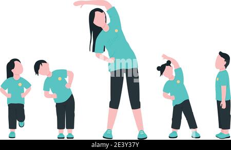 Teacher with children exercising flat color vector faceless characters Stock Vector