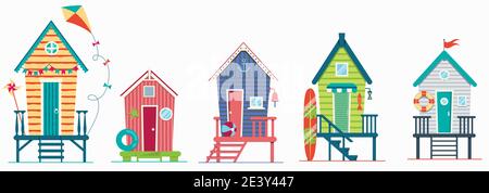 Set of beach houses. Huts and bungalow collection. Marine buildings on sea beach. Flat illustration isolated on white background. Stock Vector