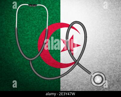 Stethoscope on Algeria flag background. Vector illustration. Stock Vector