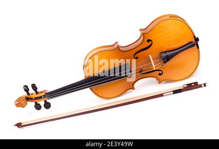 Violin and bow on white background Stock Photo