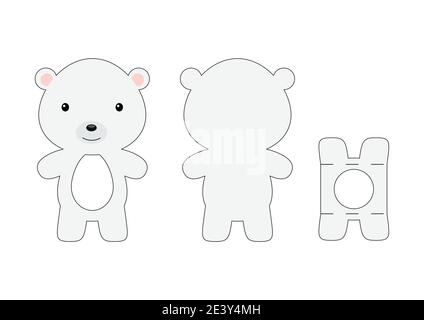 Cute die cut polar bear chocolate egg holder template. Retail paper box for the easter egg. Printable color scheme. Laser cutting vector template. Stock Vector