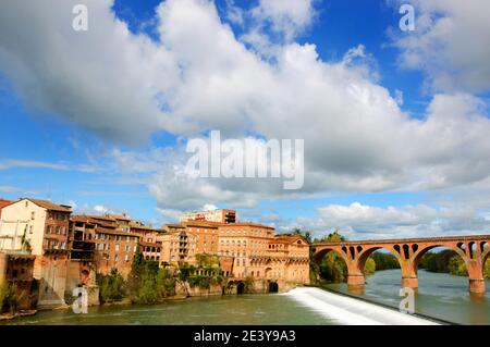 View of Albi (France) and Tarn river with its bridge from Bishop palace. Beautiful cloudscape. Stock Photo