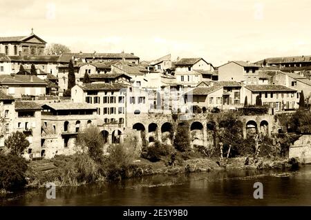 View of Albi (France) and Tarn river from Bishop palace. Sepia historic photo. Stock Photo