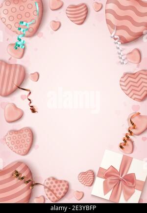 Pink abstract vertical poster design template with realistic candy hearts blue bow, ribbons and a gift box. Background, brochure, flyer, greeting card Stock Vector