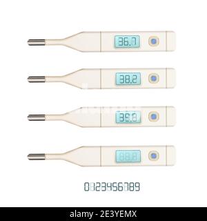 Set of bright glossy realistic medical thermometers with different temperatures on white Stock Vector