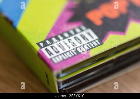 A Parental Advisory sticker on a CD Stock Photo