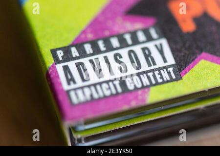 A Parental Advisory sticker on a CD Stock Photo