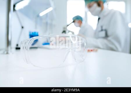 background image of scientists working in a scientific laboratory . Stock Photo