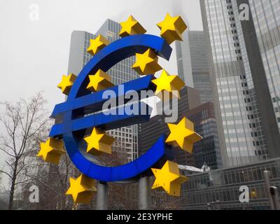 FRANKFURT, GERMANY - Jan 17, 2021: The Euro-Monument in front of the former European Central Bank. The bank was moved to a new building in the eastern Stock Photo