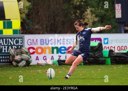 Sale, England, 28 November 2020. Katy Daley-McLean kicking for Sale Sharks Women during their Allianz Premier 15s match against Worcester Warriors Women at the CorpAcq Stadium. Credit: Colin Edwards Stock Photo