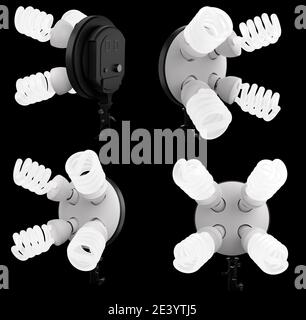 4 lightbulbs in lamp holder on studio stand isolated on black background Stock Photo