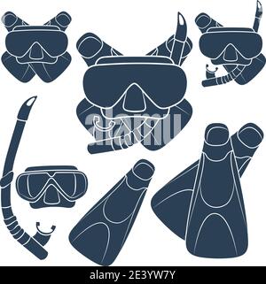 Set of vector illustrations with flippers, mask and snorkel. Isolated objects. Stock Vector