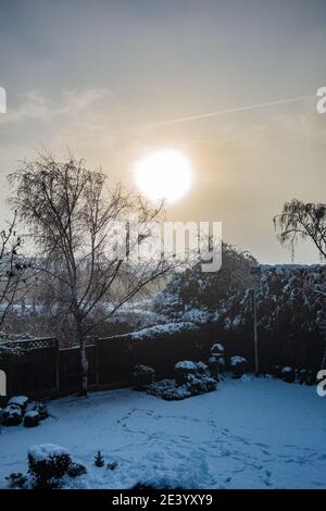 Winter sunrise over a snow covered garden in England Stock Photo