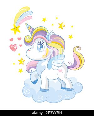 Vector illustration kawai cute cartoon unicorn standing on cloud with stars isolated on a white background. For party, sticker, embroidery, design, de Stock Vector