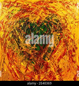 Contemporary painting of a green heart on a gold background Stock Photo