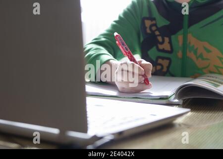 Boy doing his homework and using a laptop at home Stock Photo