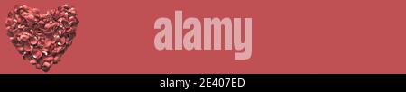 Horizontal banner. Valentine's Day. Red background with a heart of rose petals. Stock Photo