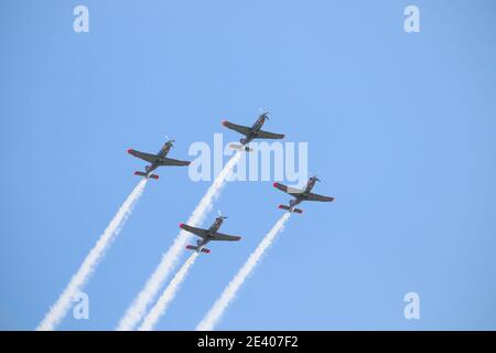 KATOWICE, POLAND - AUGUST 15, 2019: Air show for Armed Forces Day in Katowice, Poland. PZL 130 Orlik training aircraft flying over Katowice. Stock Photo