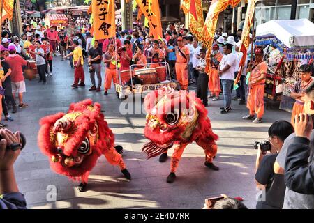 LUKANG, TAIWAN - DECEMBER 2, 2018: Traditional dragon costume celebrations at Mazu Temple in Lukang, Taiwan. Lukang city boasts over 200 temples. Stock Photo