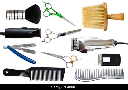 Combs, clipper and other hairdresser tools isolated on white background Stock Photo