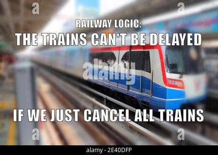 Railway logic funny meme for social media sharing. Public transit problems joke. Stock Photo