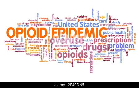 Opioid epidemic or opioid crisis in the United States. Word cloud concept. Stock Photo