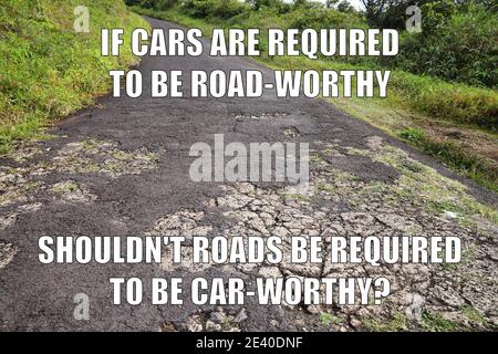 Road infrastructure damage funny meme for social media sharing. Road potholes and maintenance joke. Stock Photo