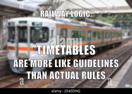 Railway logic funny meme for social media sharing. Public transportation delay problems joke. Stock Photo