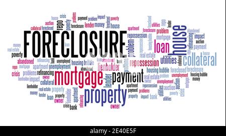 House foreclosure concept. Real estate issues: foreclosure word cloud sign. Stock Photo