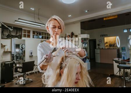 Professional hairdresser dyeing hair of female client Stock Photo