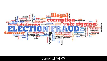 Election fraud concept. Electoral fraud and corruption. Word cloud sign. Stock Photo