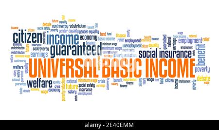Universal basic income concept. UBI word cloud sign. Social welfare policy. Stock Photo