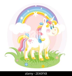 Cute cartoon unicorn standing on a grass. Vector illustration isolated on white background. Birthday, party concept. For sticker, embroidery, design, Stock Vector
