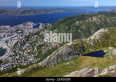 Bergen city, Norway. Summer aerial view of downtown Bergenhus and Fjellsiden districts. Stock Photo