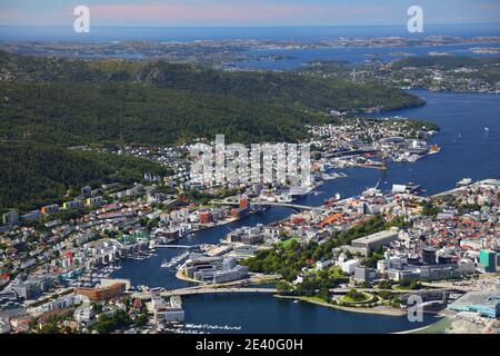 Bergen city, Norway. Summer aerial view of Sentrum, Solheim Nord and Laksevag districts. Stock Photo