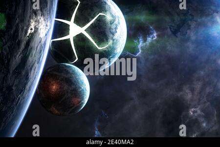 Deep space planets. Giant glowing structures on the planet's surface Stock Photo