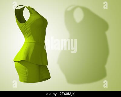 Conceptual fat overweight obese shadow female blouse and skirt vs slim fit healthy body after weight loss or diet thin young woman on green. Stock Photo
