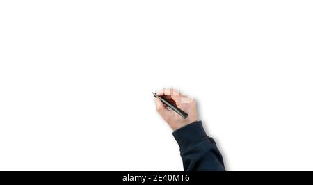 close-up of man writing on white surface with black felt tip pen or marker, template with copy space Stock Photo