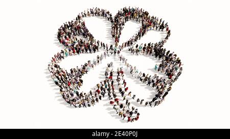 Concept or conceptual large gathering of people forming an image of a four-leafed clover.  A 3d illustration metaphor for good luck, faith, hope, love