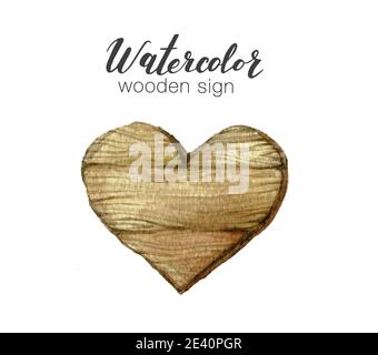 Handpainted watercolor wooden heart clipart. Rustic illustration. Template for blog, lettering, poster, invitation. Stock Photo